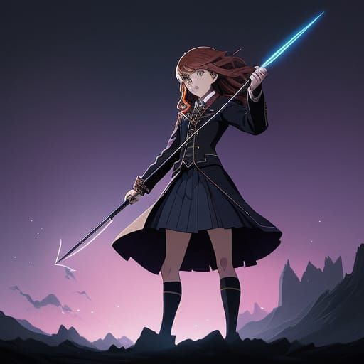 Heroic Hermione Granger in Anime-Inspired Hogwarts Style