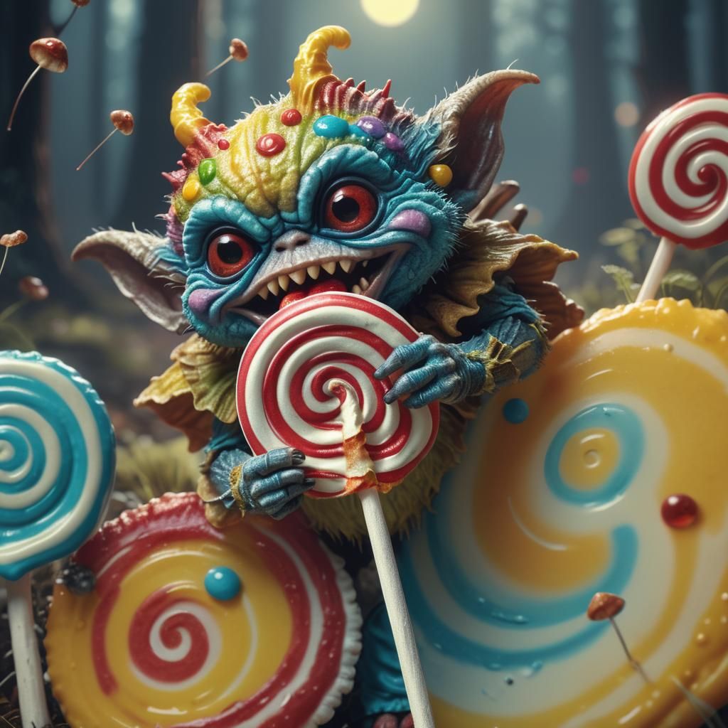Hyperrealistic Lollipop Gremlin on Mushroom, Digital Art
