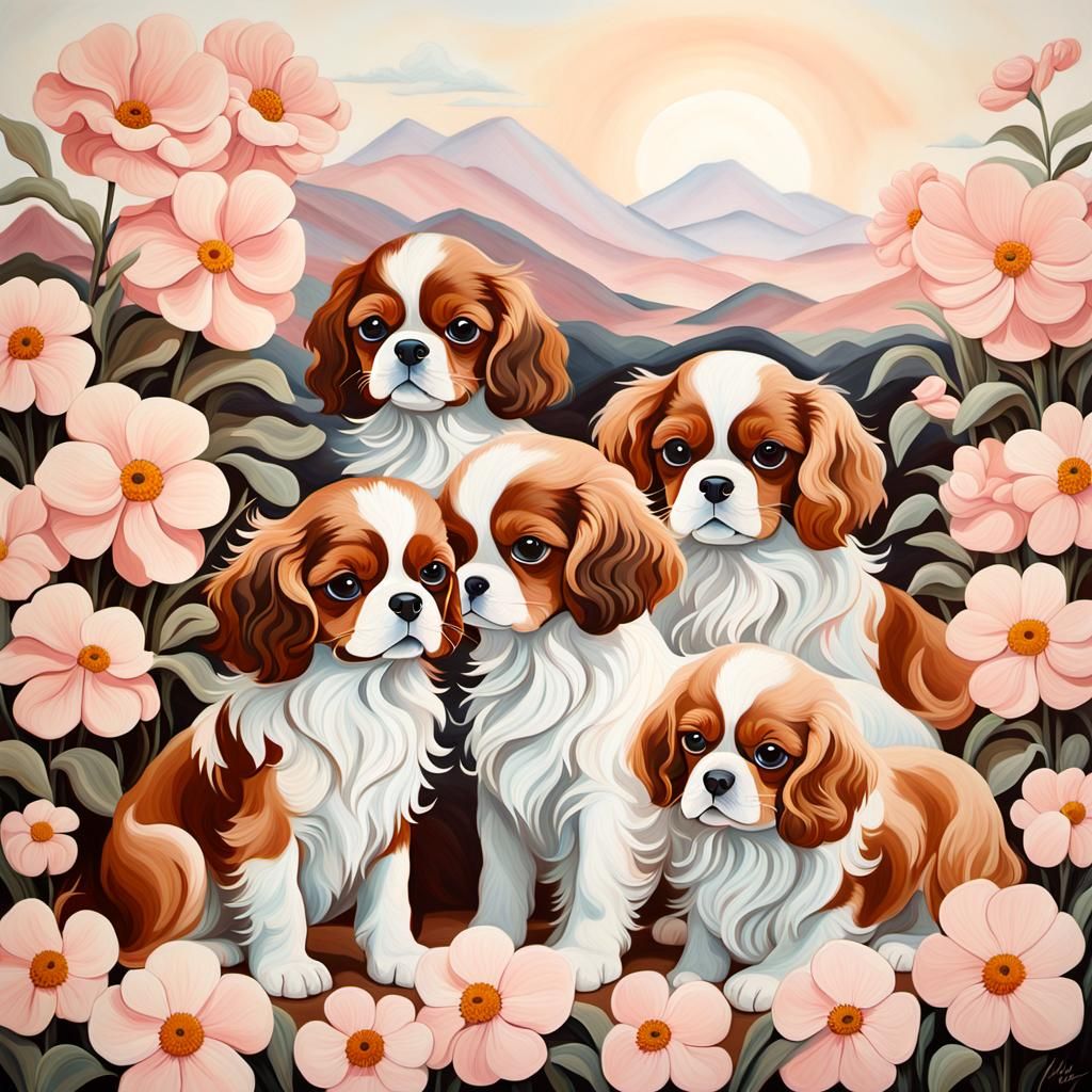 Cavalier Puppies in a Dreamy Fantasy Landscape