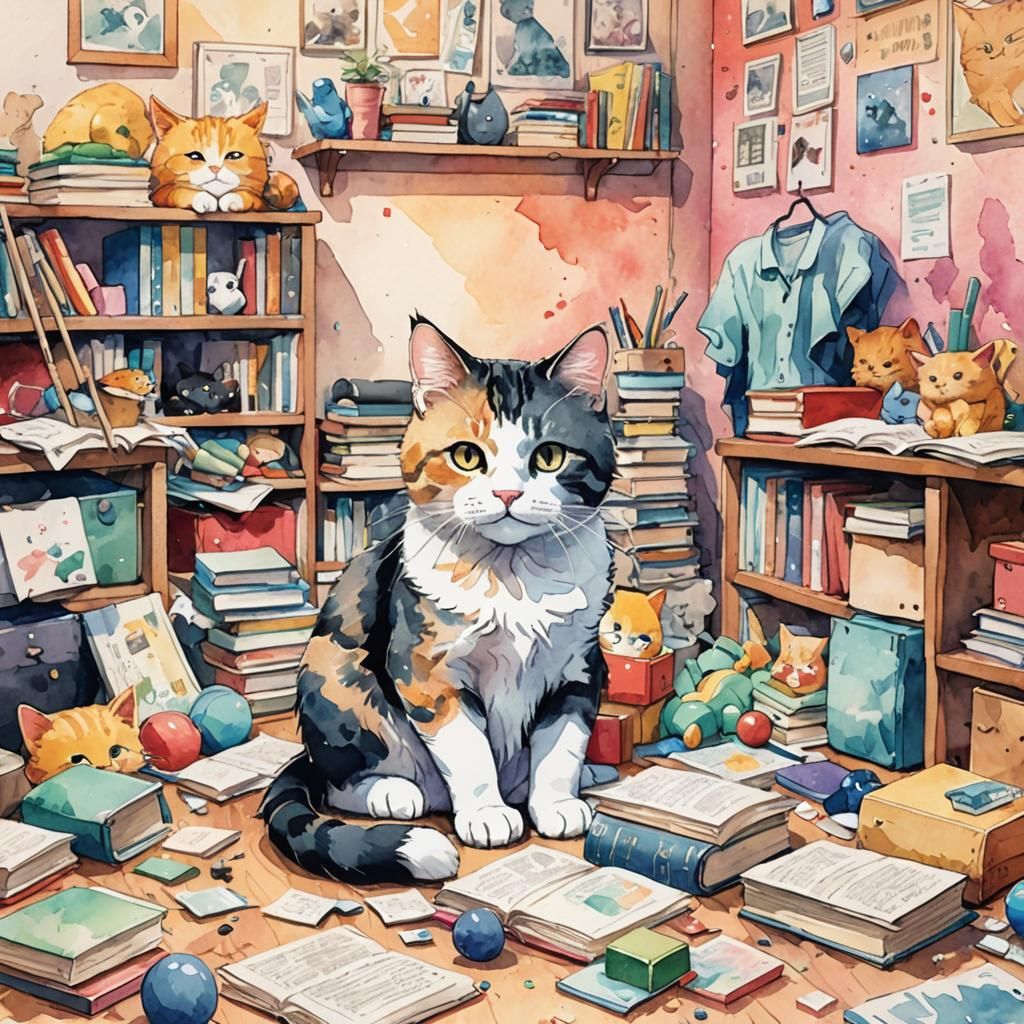 Watercolor Cat in Playful, Messy Room