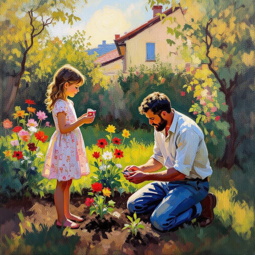Expressive Neo-Impressionist Garden Scene with Father and Da...
