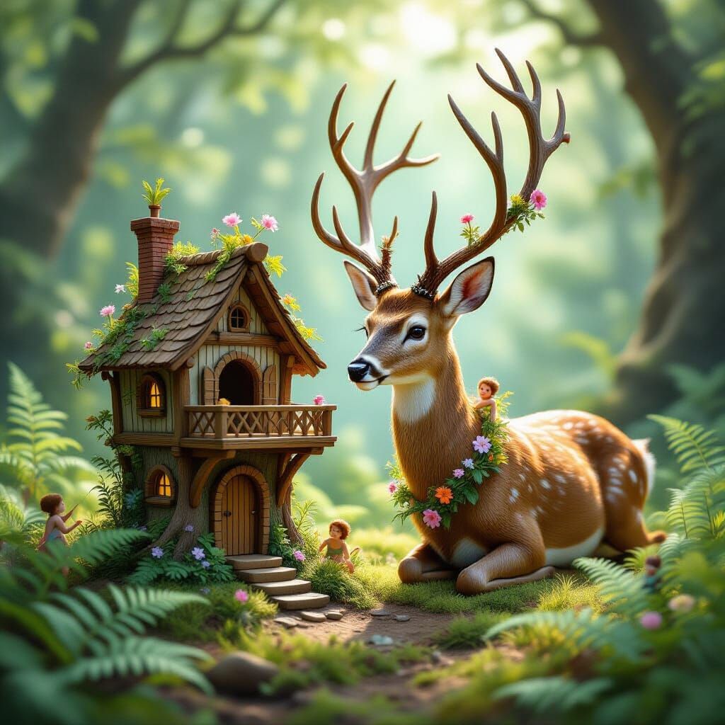 Regal Deer Building Miniature Treehouse in Sunlit Glade