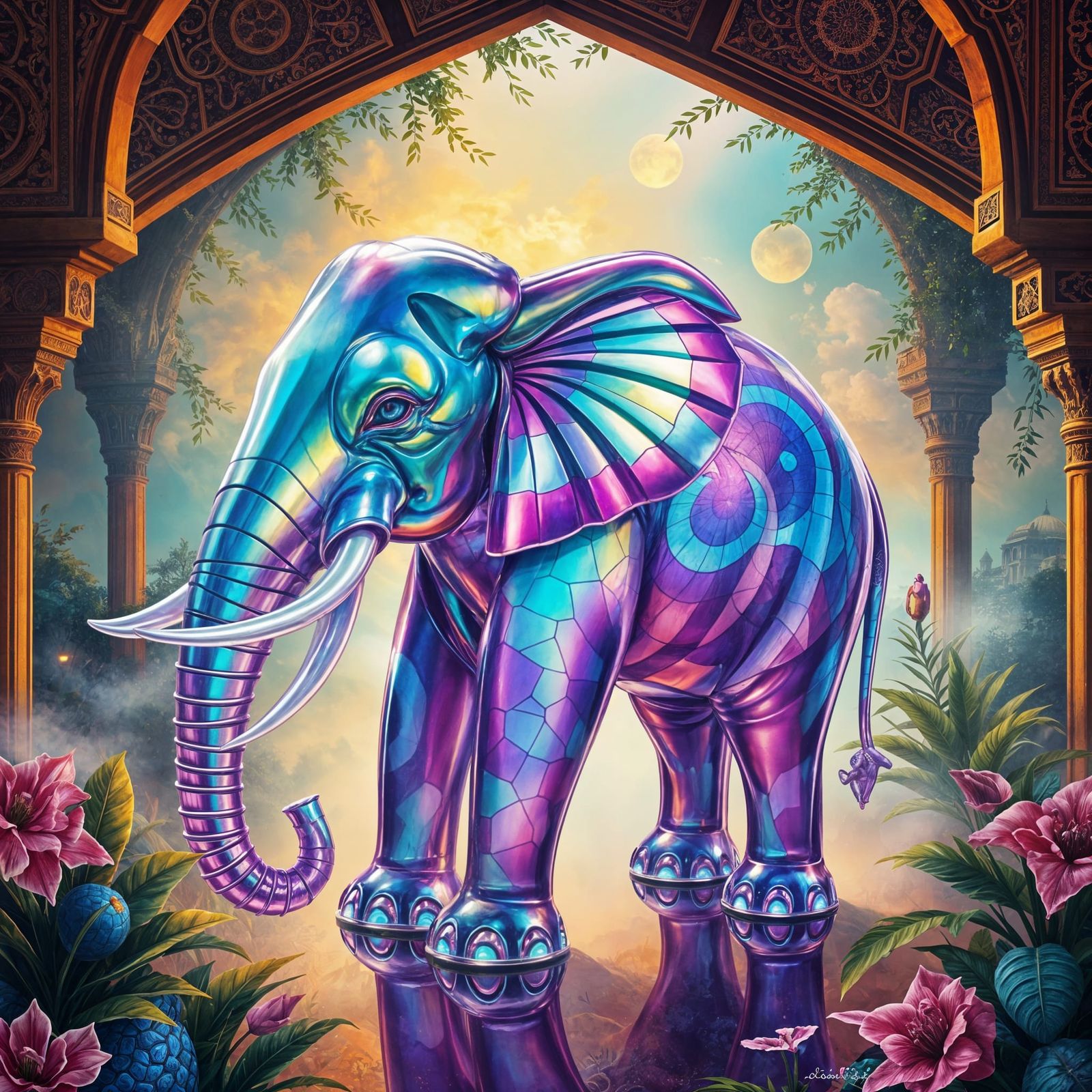 Vibrant Glass Elephant in Dreamlike Oriental Landscape