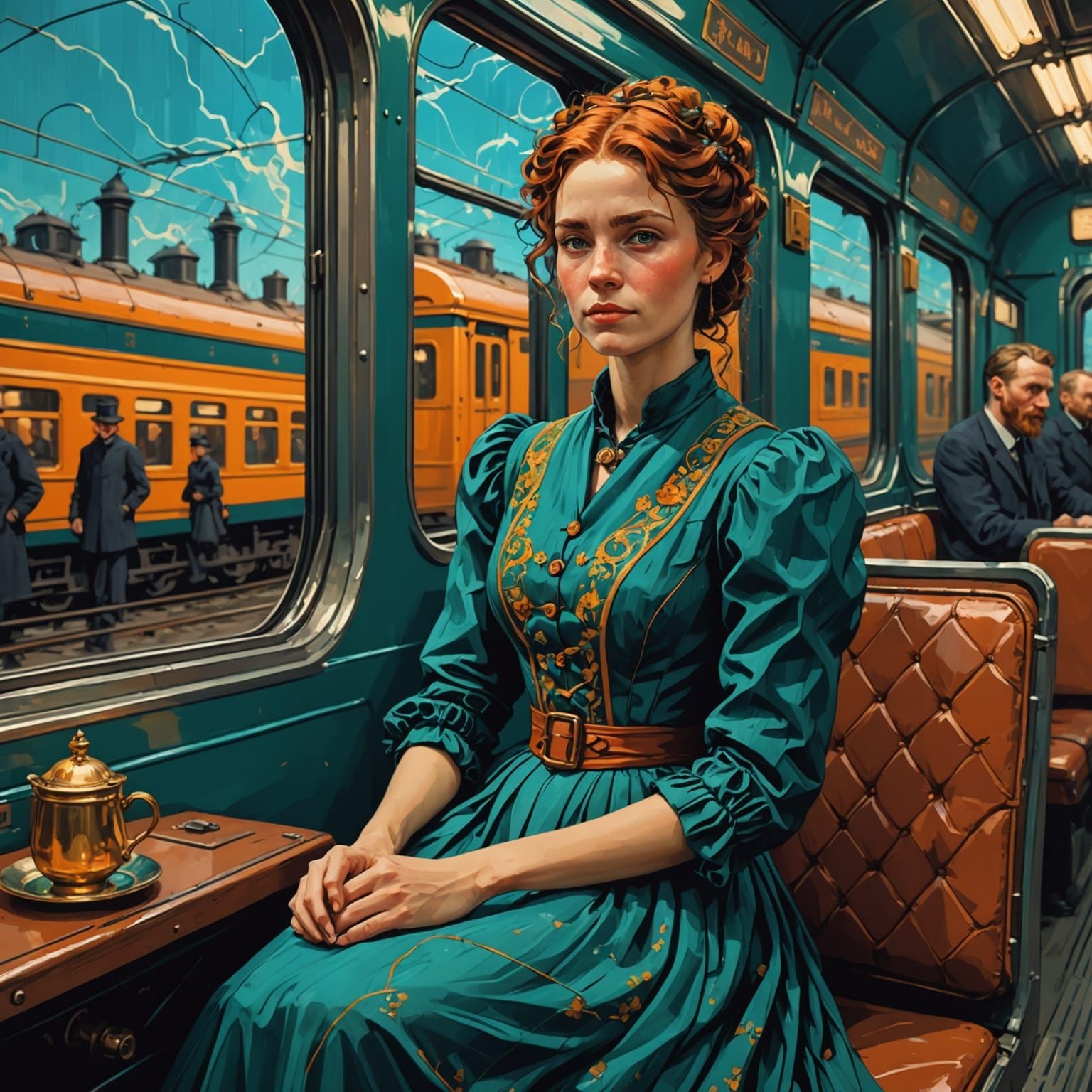 Victorian Woman on Train in Van Gogh Style