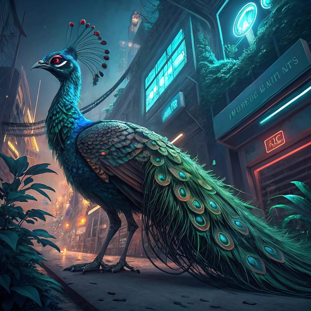 Cyberpunk Peacock with Laser Eyes