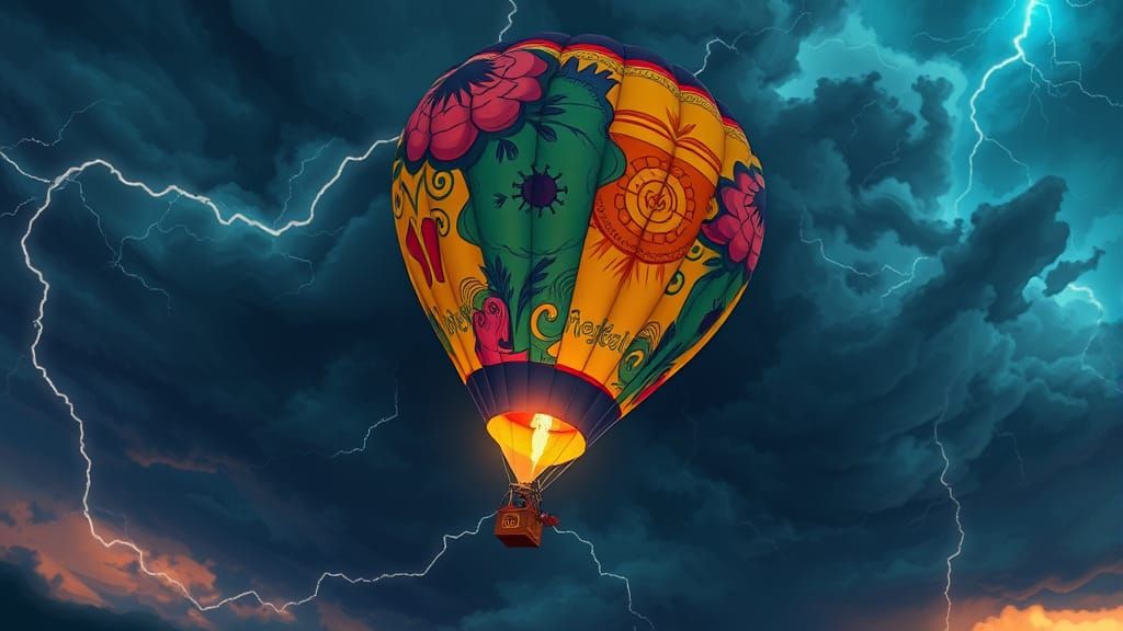 Hot Air Balloon Navigates Storm in Comic Book Art