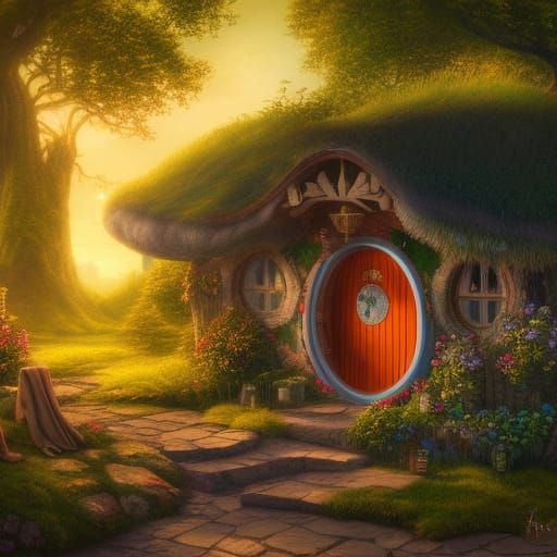 Whimsical Hobbit Shire Painting with Smoking Chimney