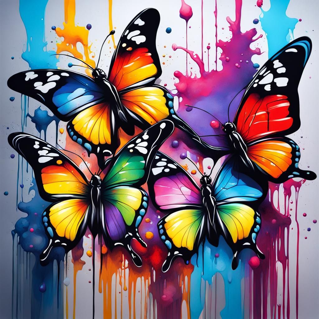Colorful Butterflies in Graffiti Splash Art