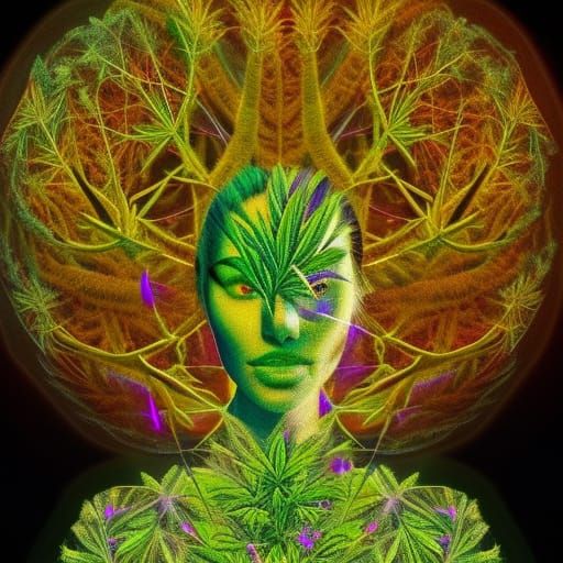 Cannabis-Human Hybrid with Fractal Trees in Surrealist Style