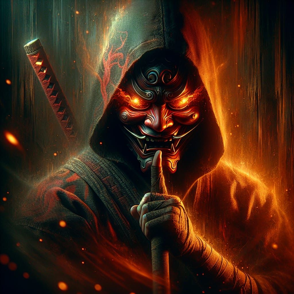 Silent Ninja with Oni Mask in Shadows: Digital Painting