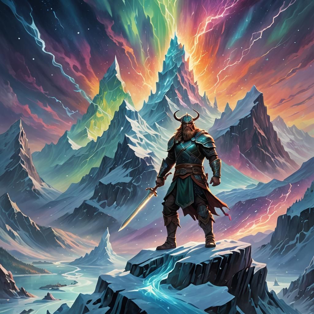 Viking Warrior Overlooking Frozen Fjords Under Aurora