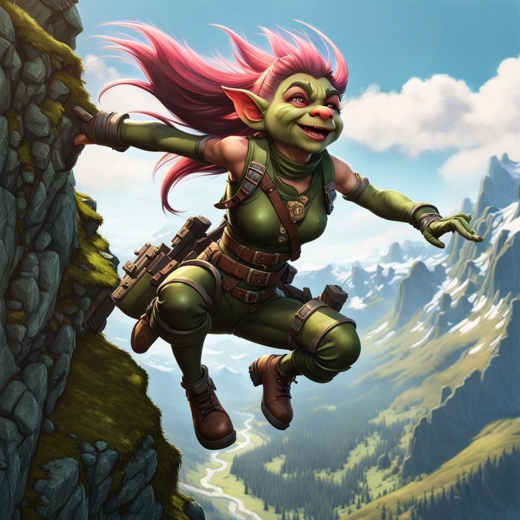 Dieselpunk Troll Assassin Leaping off Cliff