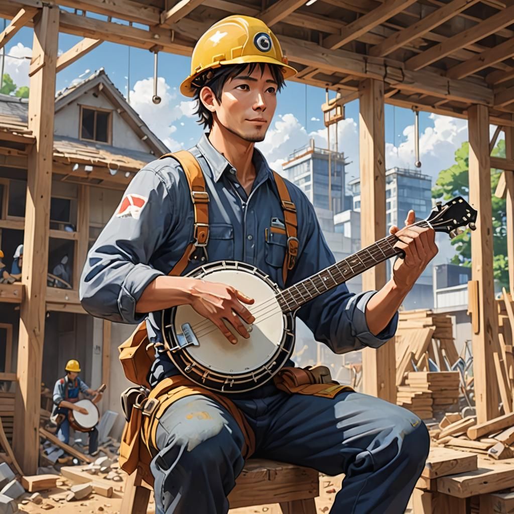 Construction Worker Plays Banjo in Anime Style