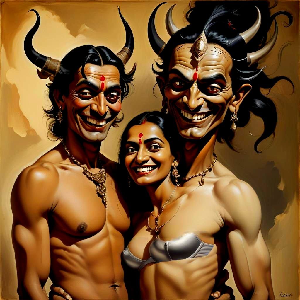 Surreal Smile: Indian Woman, Man, and Demon
