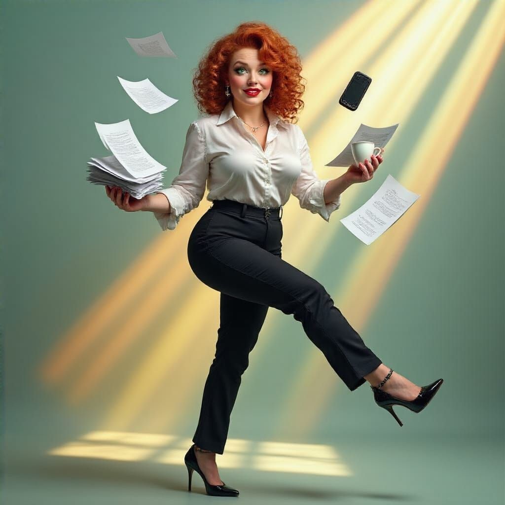 Dynamic Secretary Juggling Work in Photorealistic Style
