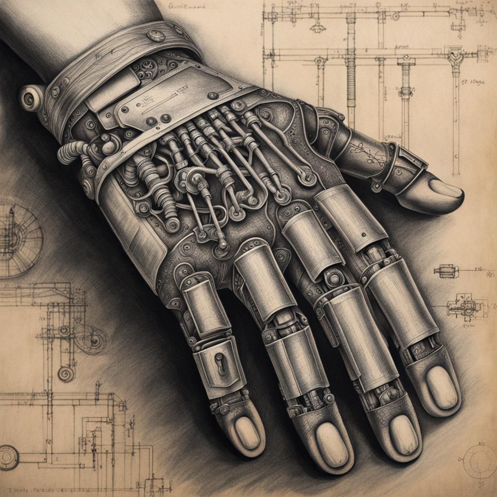 Robotic Arm Prosthesis in Charcoal Drawing Style