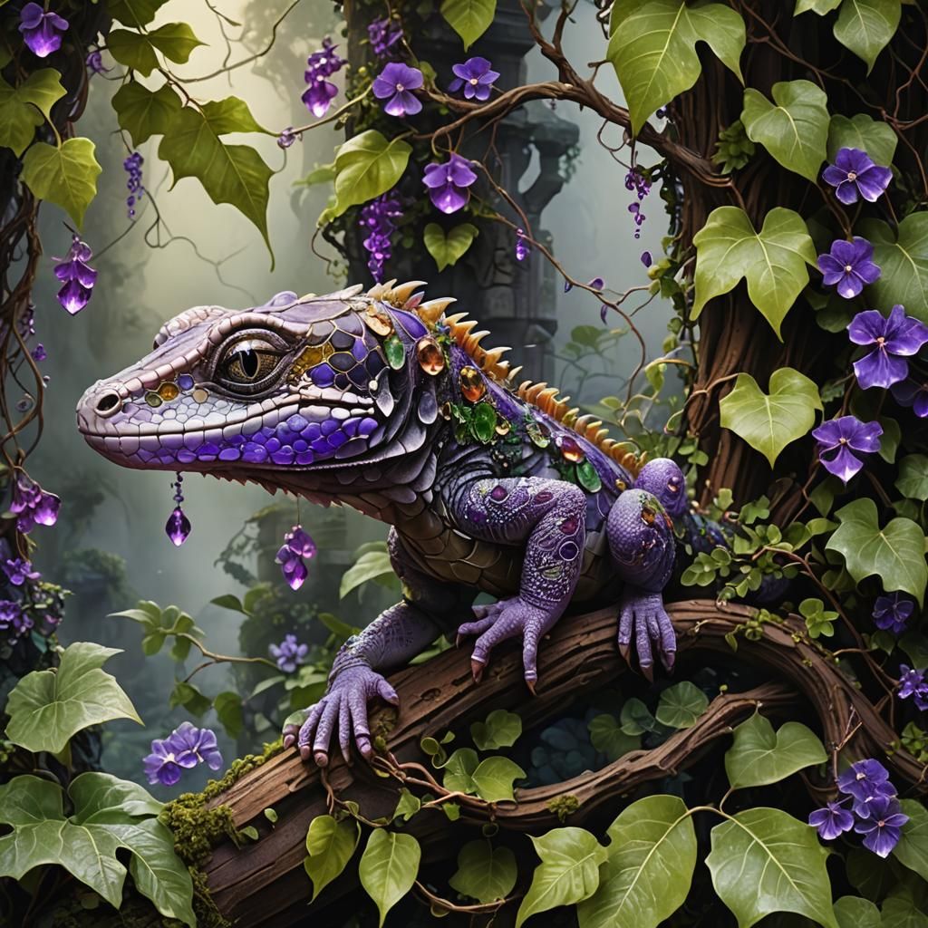 Gemstone Gecko in Lush Ruins: High Fantasy Art