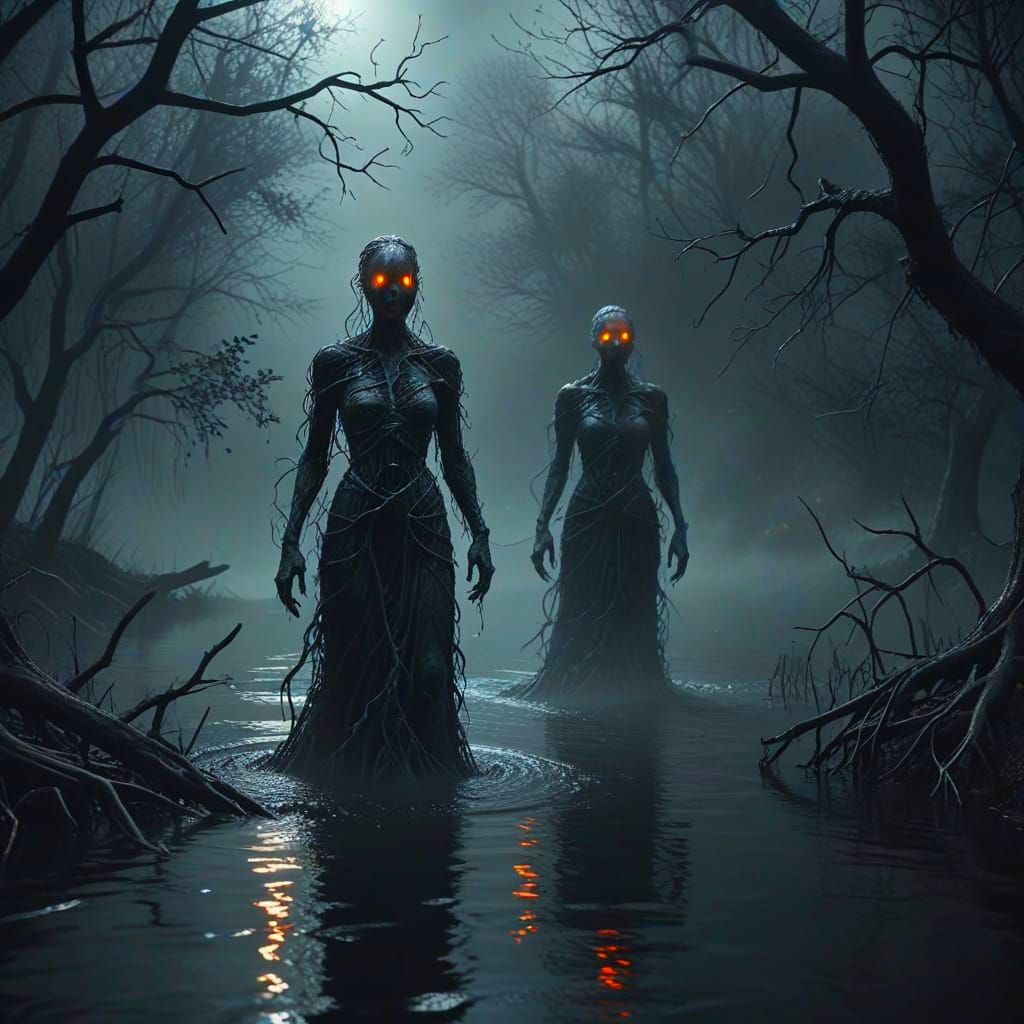 Ghostly Figure Emerges from Misty Lake: Atmospheric Art