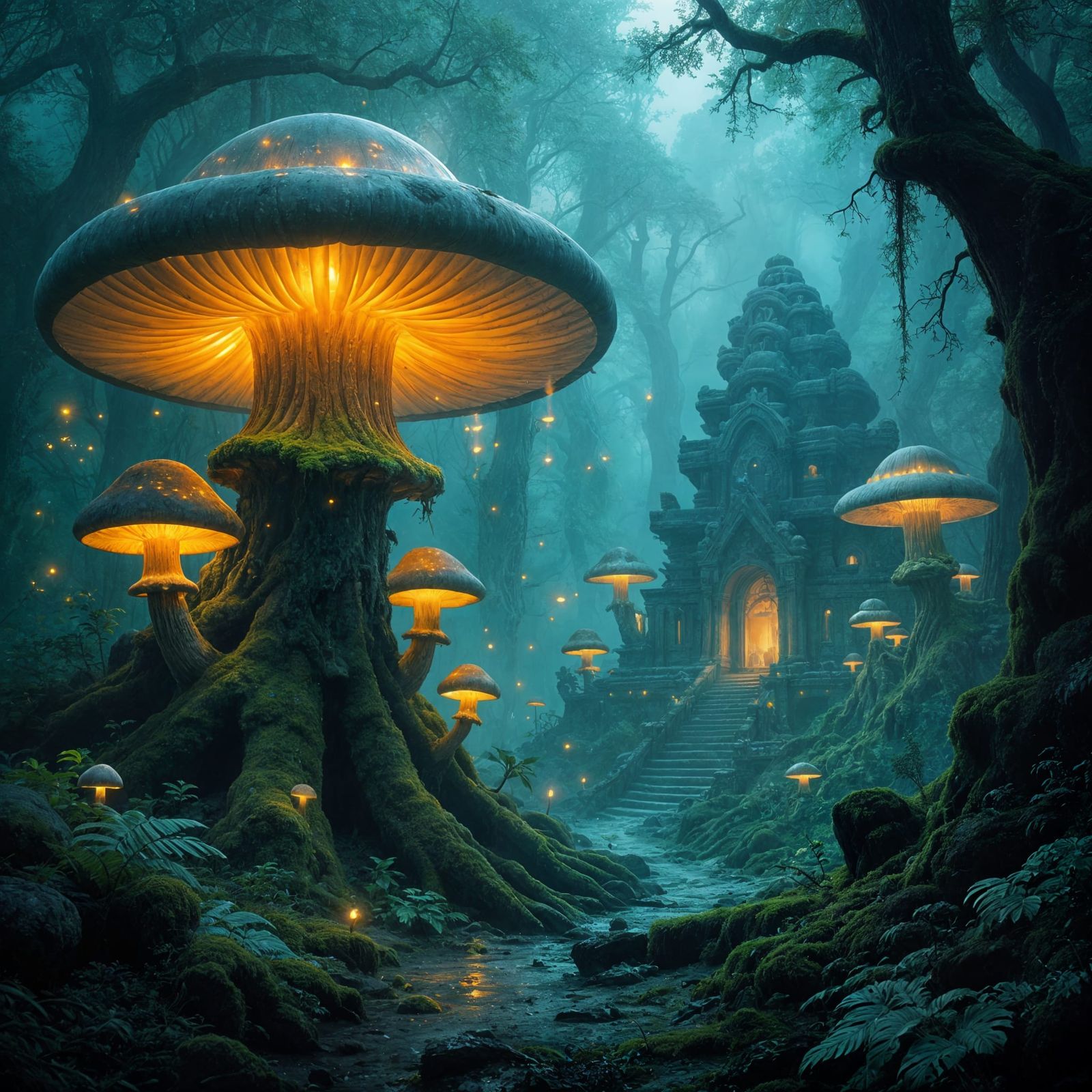 Bioluminescent Mushroom Forest with Hidden Temple