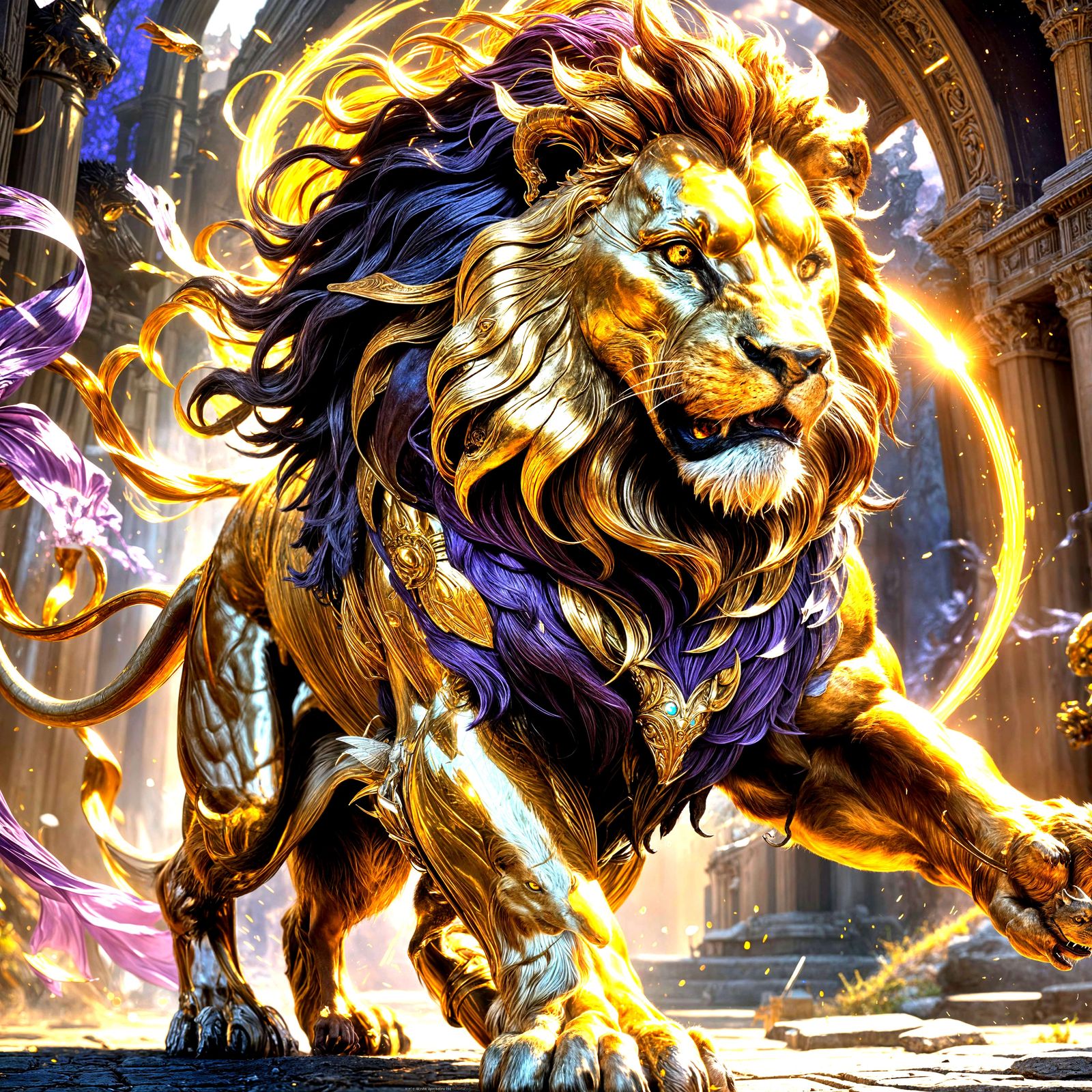 Golden Lion Running: Cinematic Dark Fantasy Art