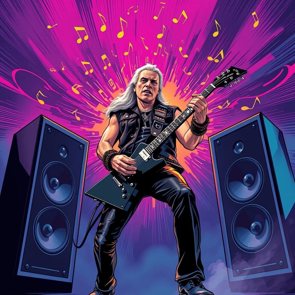 heavy metal guitar player on stage between 2 huge speakers w...