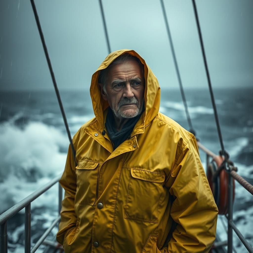 Elderly Sailor Braving Storm at Sea