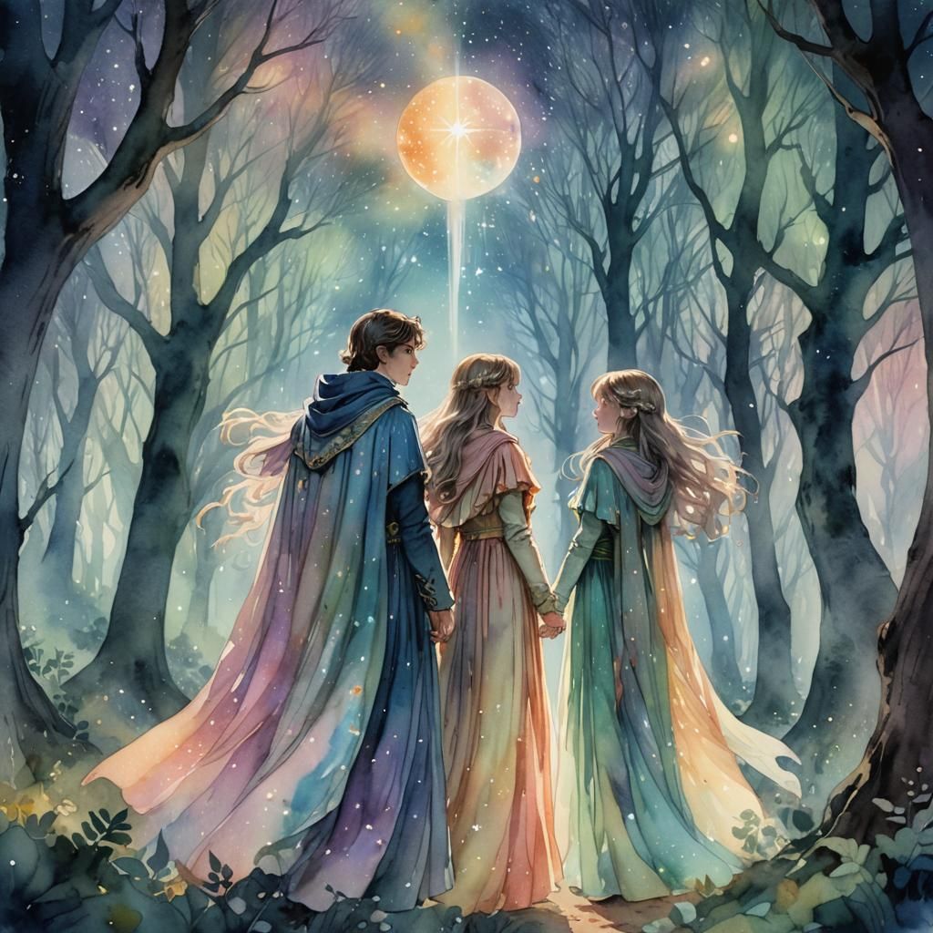 Celestial Twins in Mystical Forest: Watercolor Concept Art