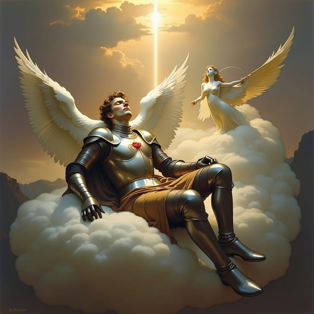 Knight Supported by Angels in Art Nouveau Style