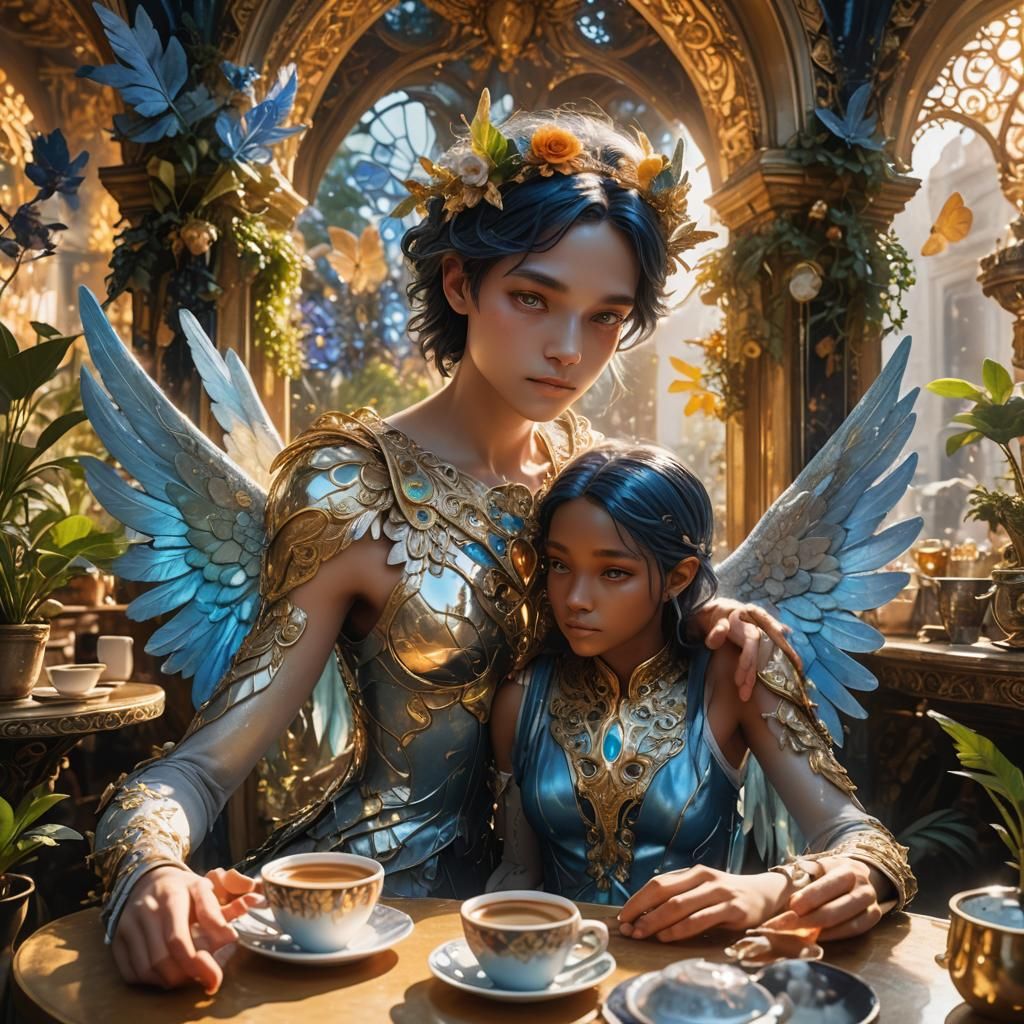 Angel and Alien Share Coffee in Dreamlike Cafe