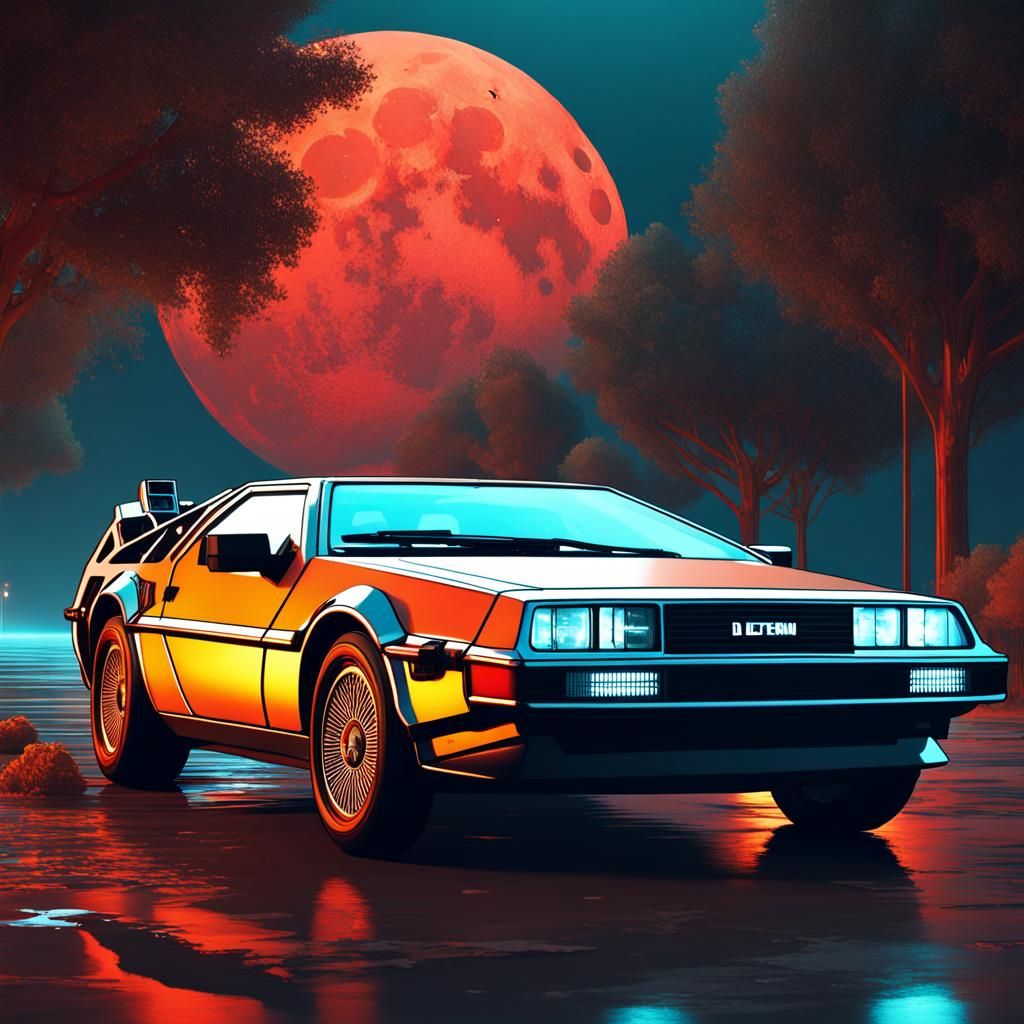 Delorean Under Red Moon in Hyperdetailed Concept Art
