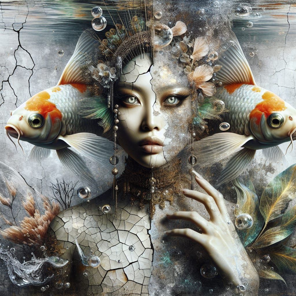 Underwater Yin-Yang Koi Fish with Asian Portrait