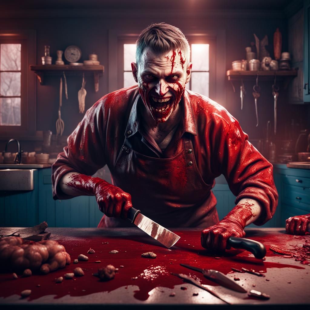 Disturbing Psycho Serial Killer with Butcher Knife