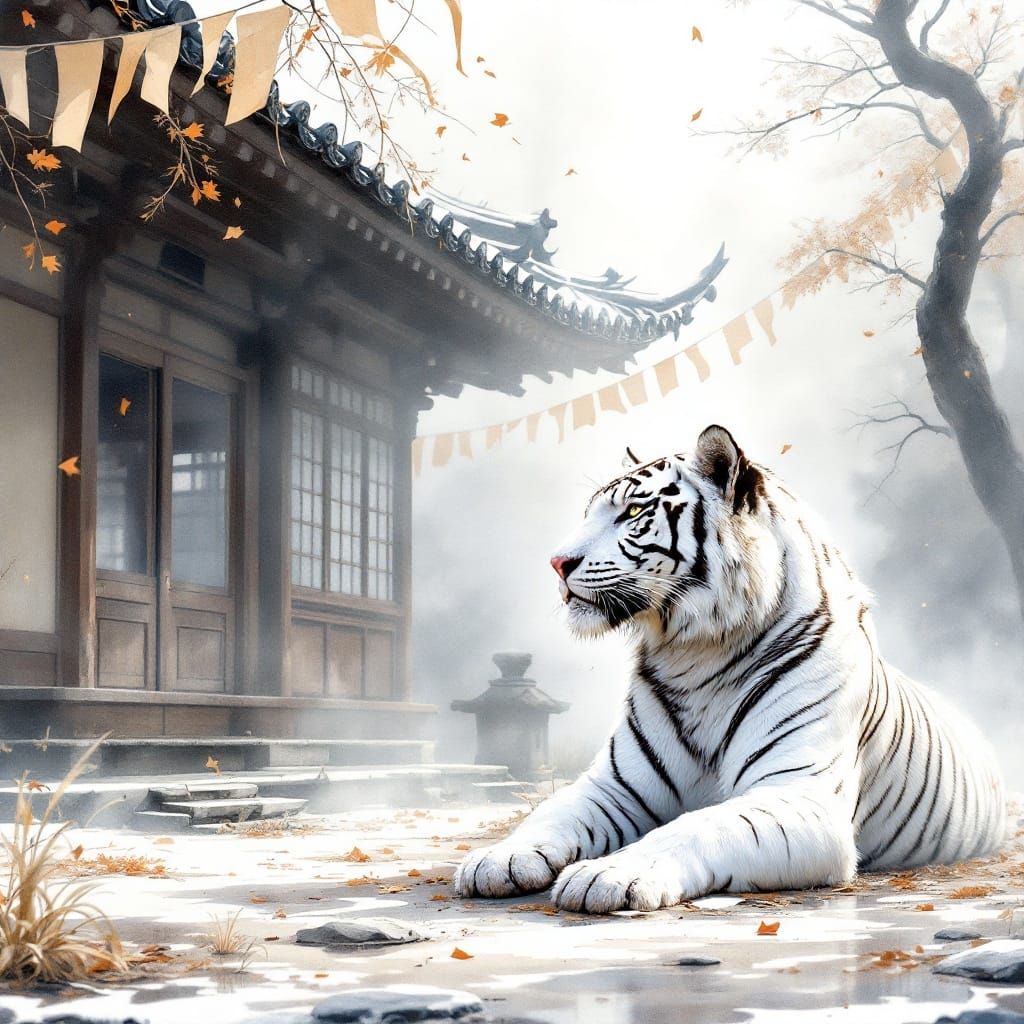 Serene Japanese Temple with Majestic White Tiger