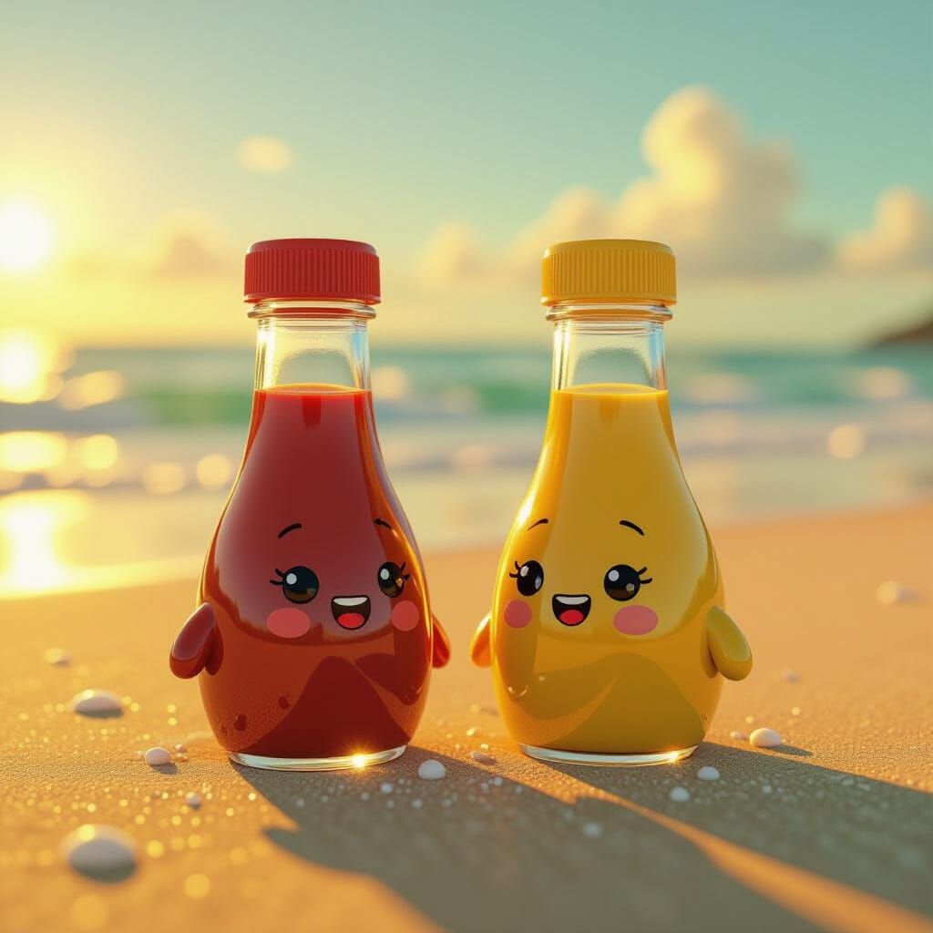 Anthropomorphic Ketchup & Mustard Bottles at Sunset
