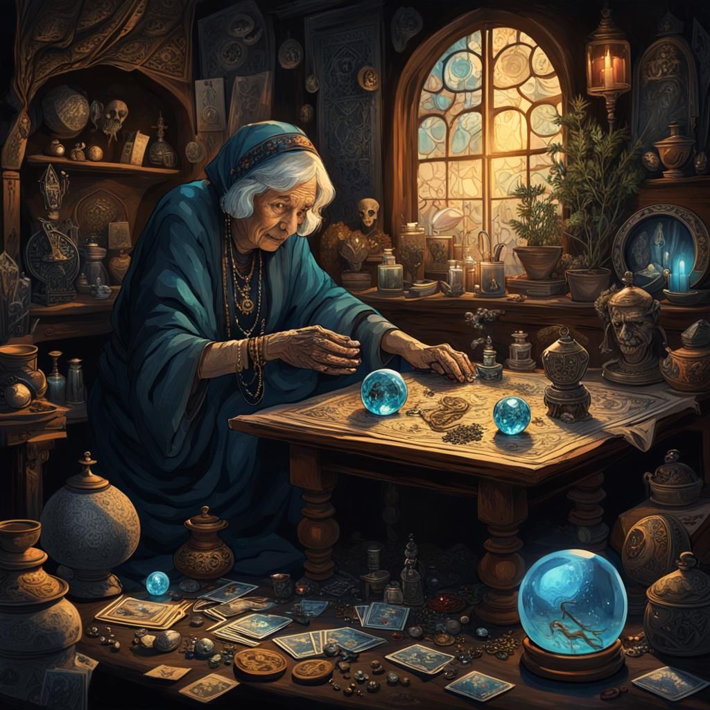 Mysterious Dark Fantasy Scene with Crystal Ball