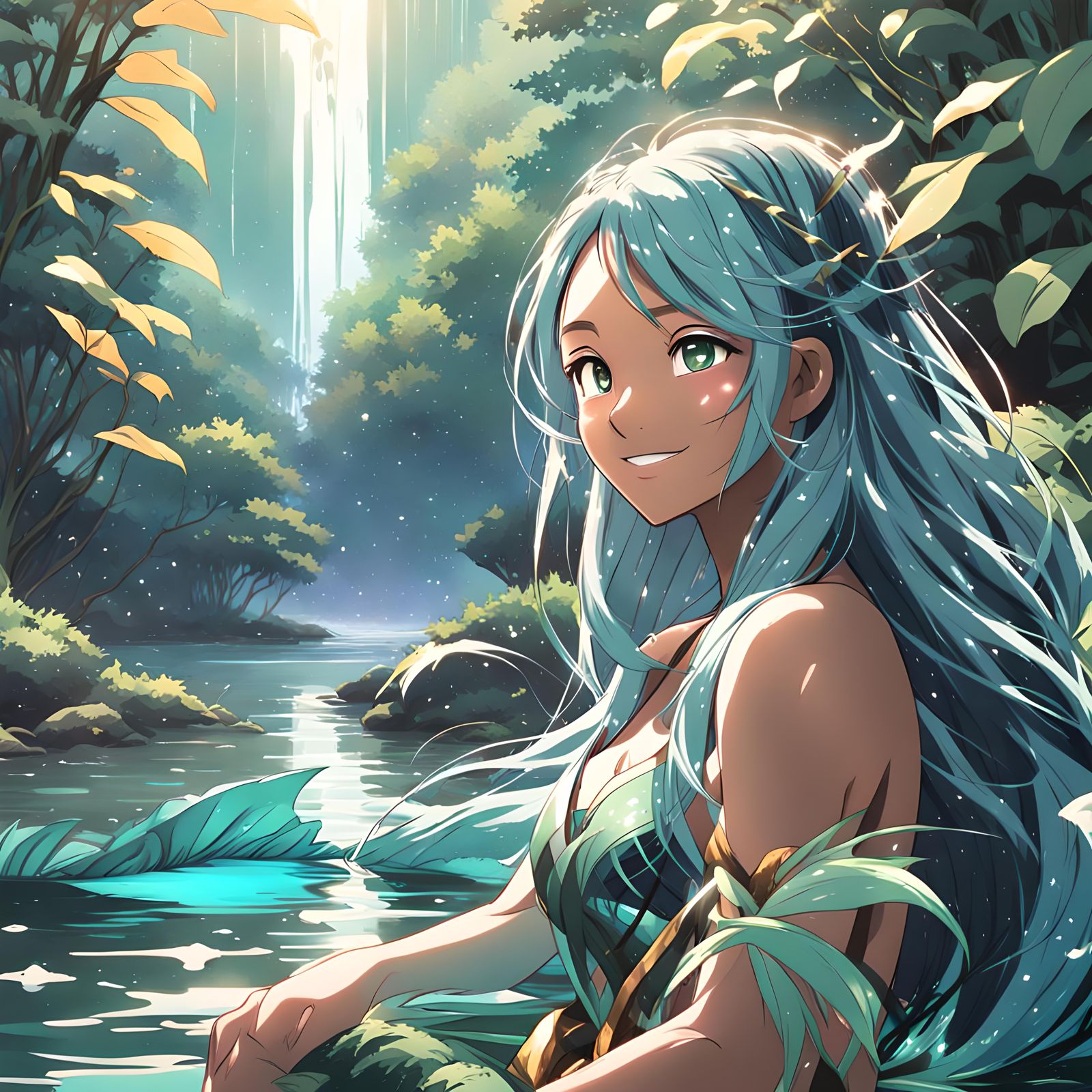 Anime Mermaid Girl in Amazon Jungle