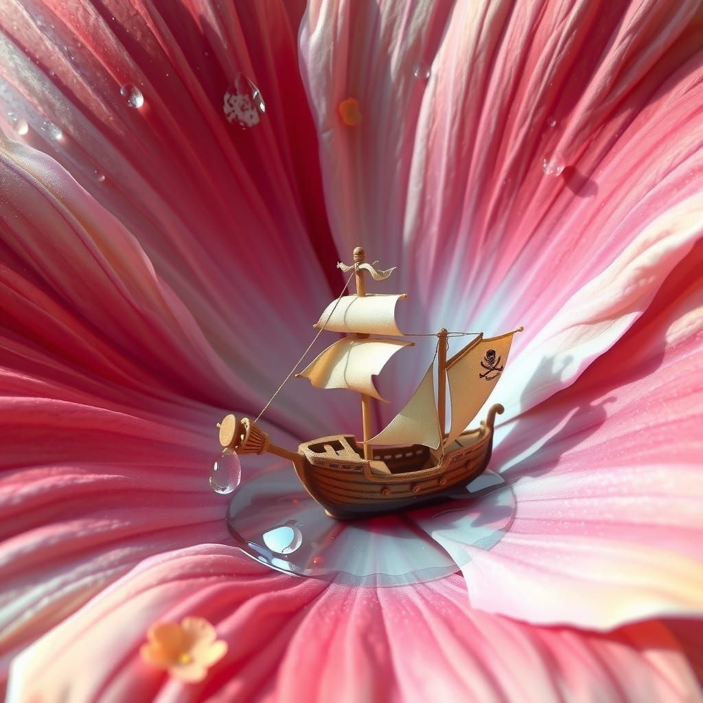 Hibiscus Flower Reflecting Miniature Pirate Ship