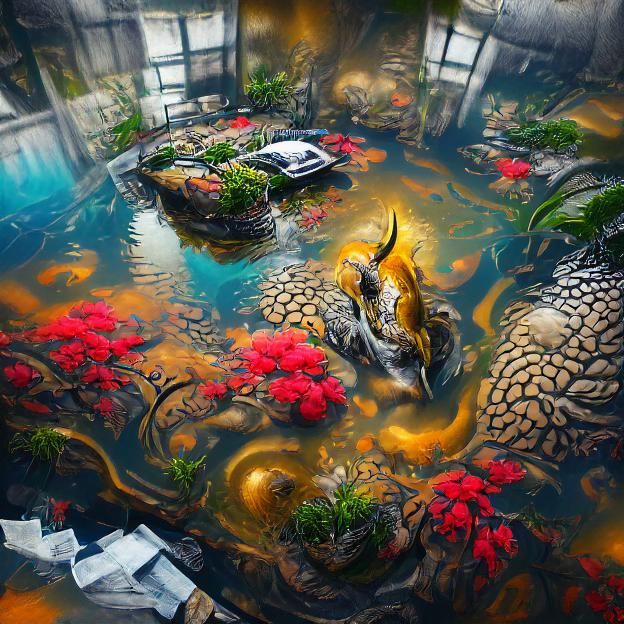 Opulent Koi Pond with Golden Lotus in Digital Art