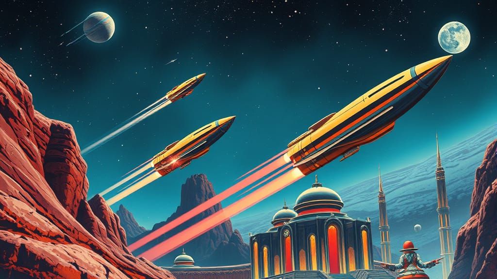Retro-Futuristic Space Odyssey in 1950s Airbrush Style