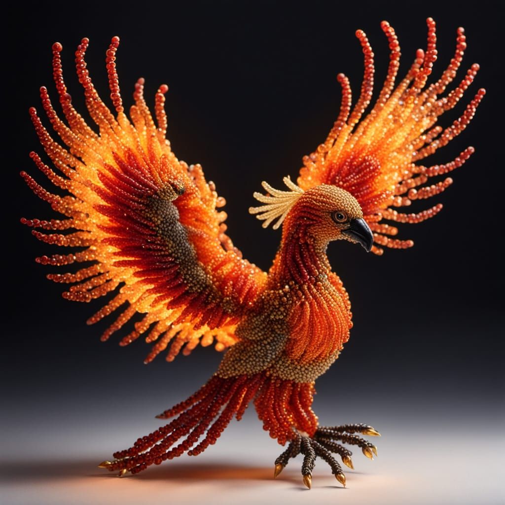Fiery Phoenix Made of Translucent Beads in Macro Shot