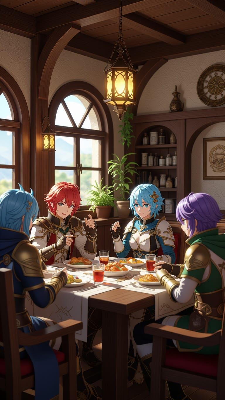 Fantasy Adventurers Dine in Vibrant High Fantasy Inn, in Ani...