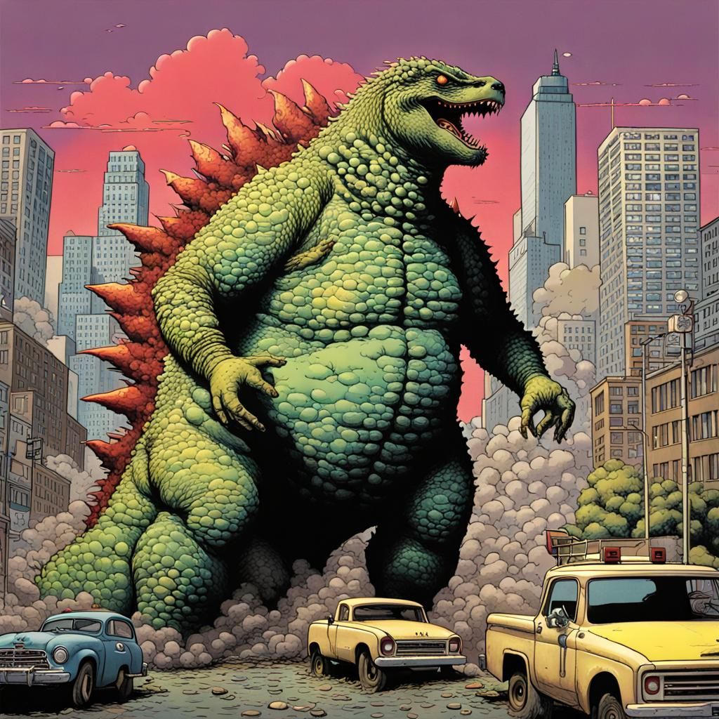 Obese Godzilla in Horror Pop Art Style