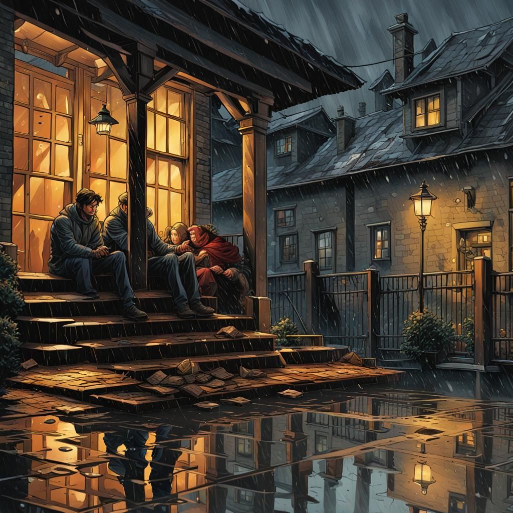 Rainy City Street Scene in Comic Book Style