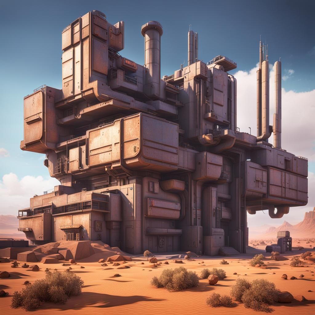 Brutalist Sci-Fi Factory on Desert World in 8K