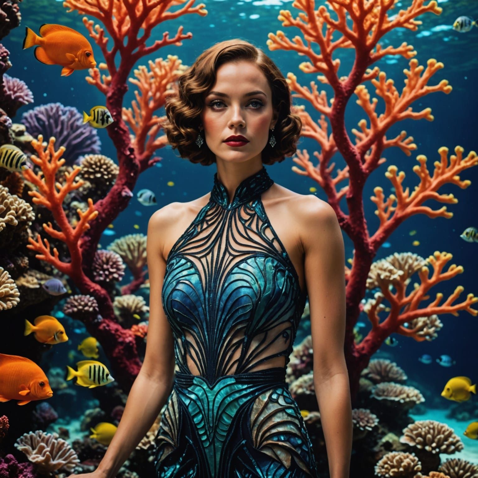 Art Deco Portrait: Woman in Coral Reef Setting