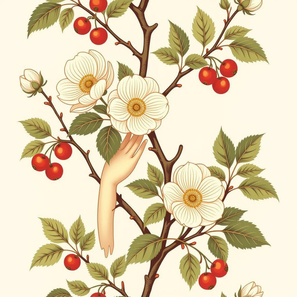 Elegant Botanical Art: Flowers Mimic Gestures on Mulberry Br...