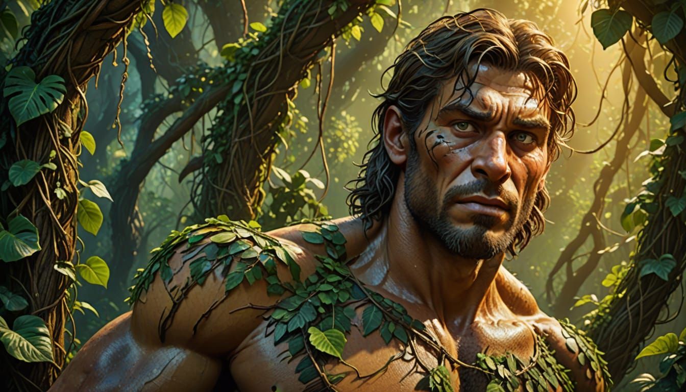 Hyperrealistic Tarzan Hanging from Vine with Anguished Expre...