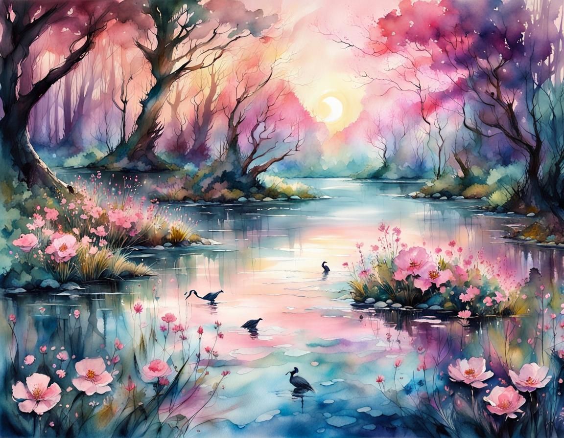 Ethereal Lake Glade in Magical Forest at Sunset