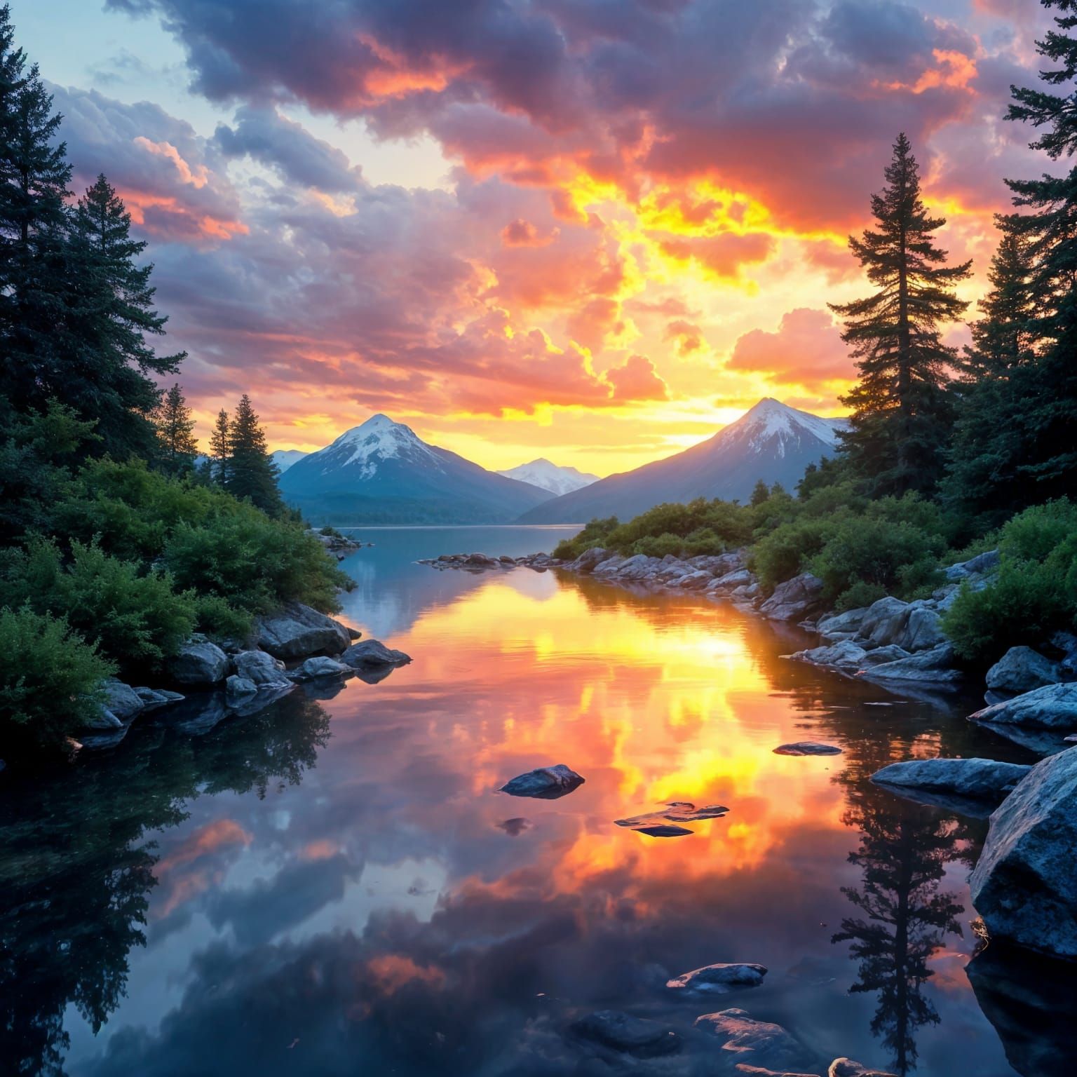 Sunset Over Mountain Lake