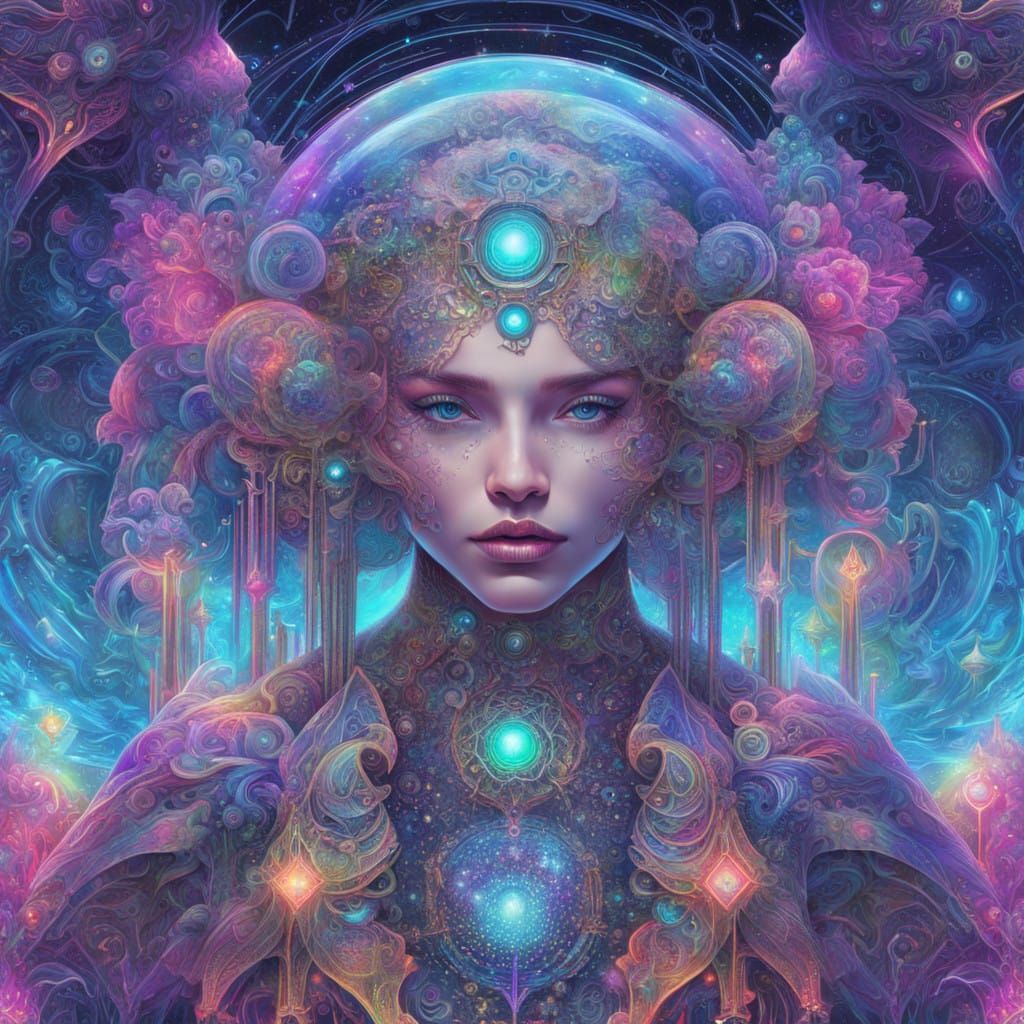 Vulnerable Cyborg Goddess in Iridescent Cosmic Landscape
